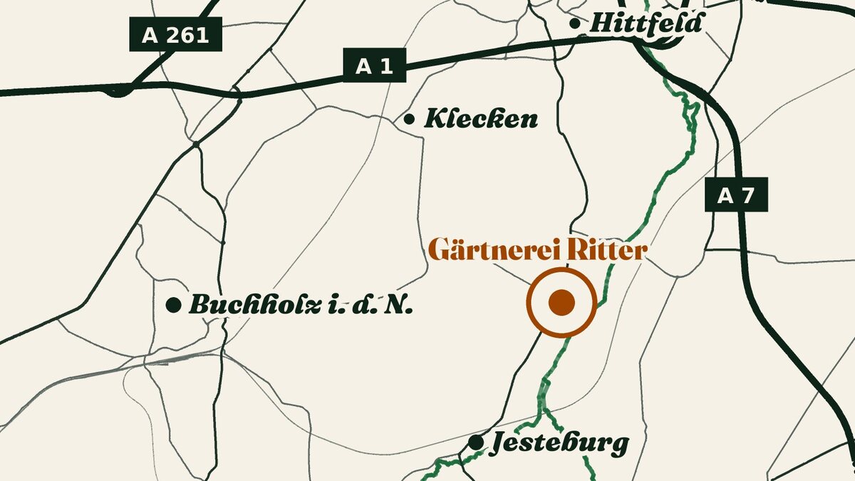 Illustrierte Karte: Die Gärtnerei Ritter liegt südlich von Bendestorf zwischen Buchholz in der Nordheide, Jesteburg und der A1-Abfahrt Hittfeld.